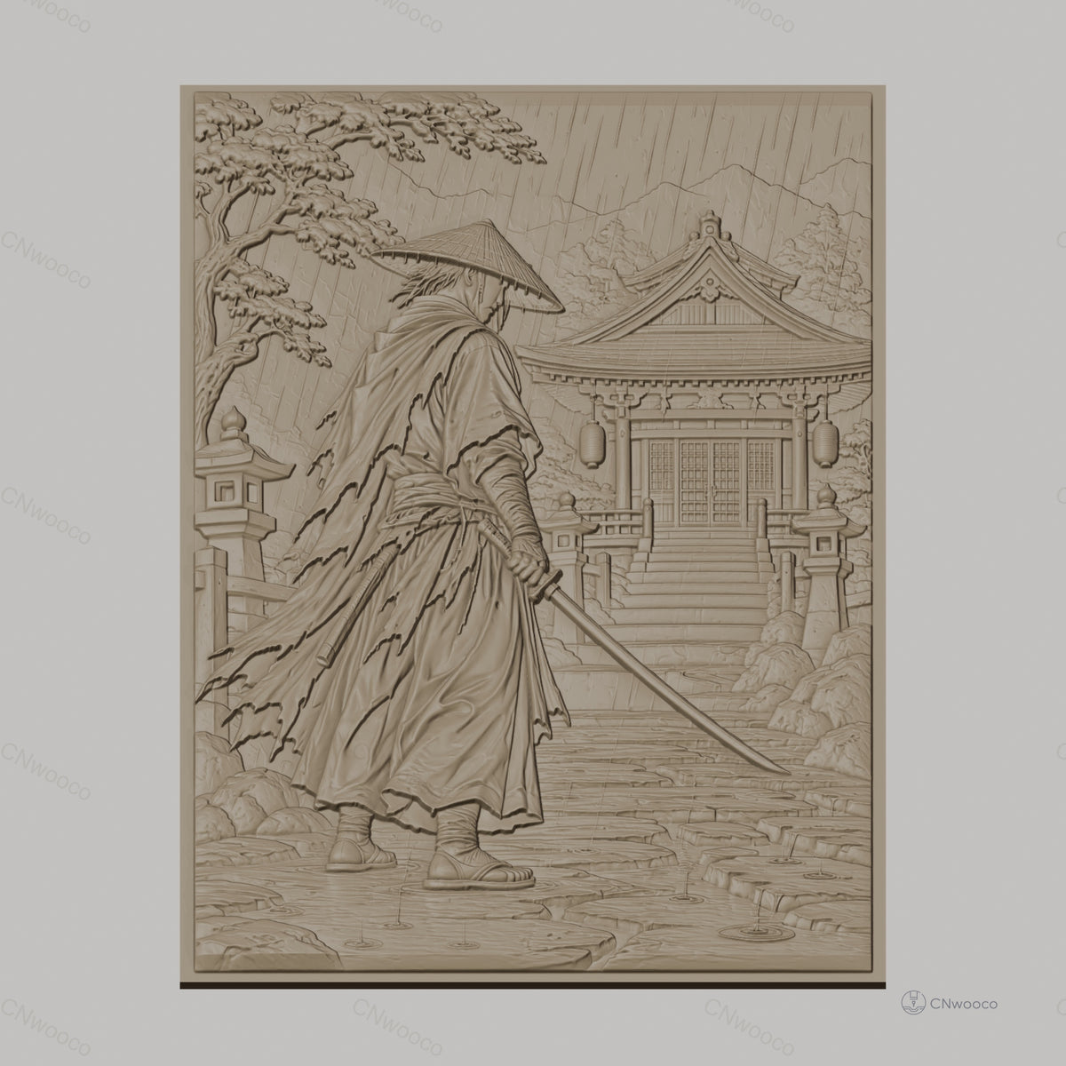 Fichier CNC & impression 3D samouraï sous la pluie, temple japonais et sabre, haute qualité relief STL
