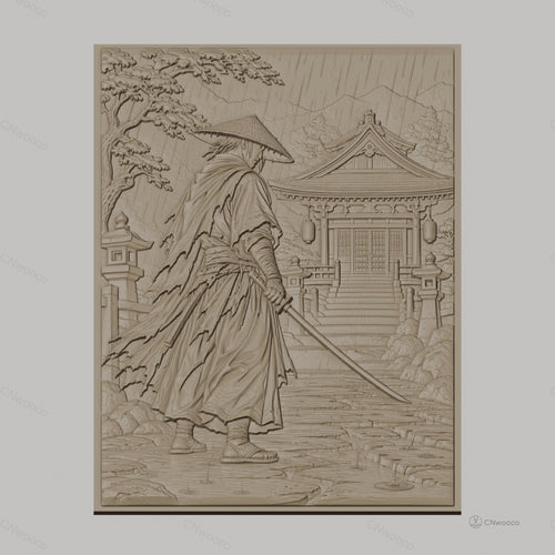 Fichier CNC & impression 3D samouraï sous la pluie, temple japonais et sabre, haute qualité relief STL