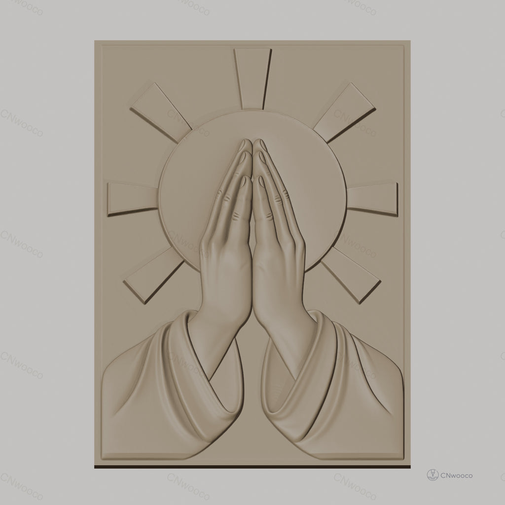 Fichier CNC & impression 3D mains en prière, auréole rayonnante, haute qualité relief STL