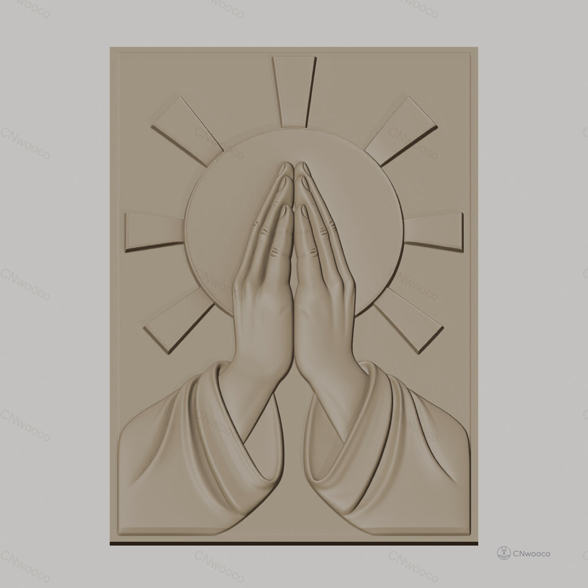 Fichier CNC & impression 3D mains en prière, auréole rayonnante, haute qualité relief STL