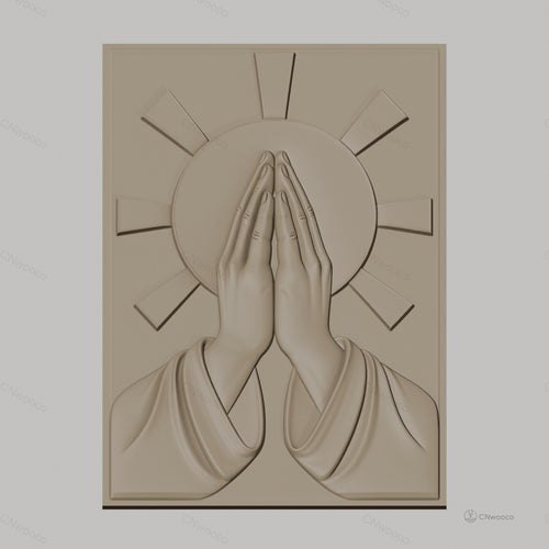Fichier CNC & impression 3D mains en prière, auréole rayonnante, haute qualité relief STL