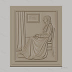Fichier CNC & impression 3D femme assise robe longue, relief intérieur avec cadre et rideau, haute qualité relief STL