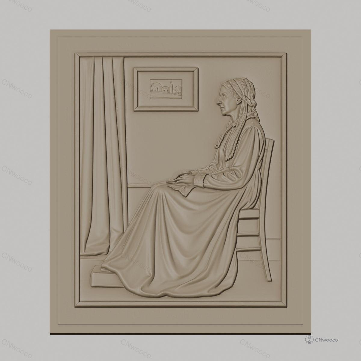 Fichier CNC & impression 3D femme assise robe longue, relief intérieur avec cadre et rideau, haute qualité relief STL