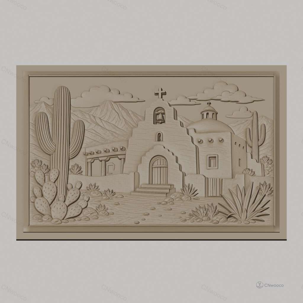Fichier CNC & impression 3D relief de mission espagnole, cactus et montagne, haute qualité relief STL