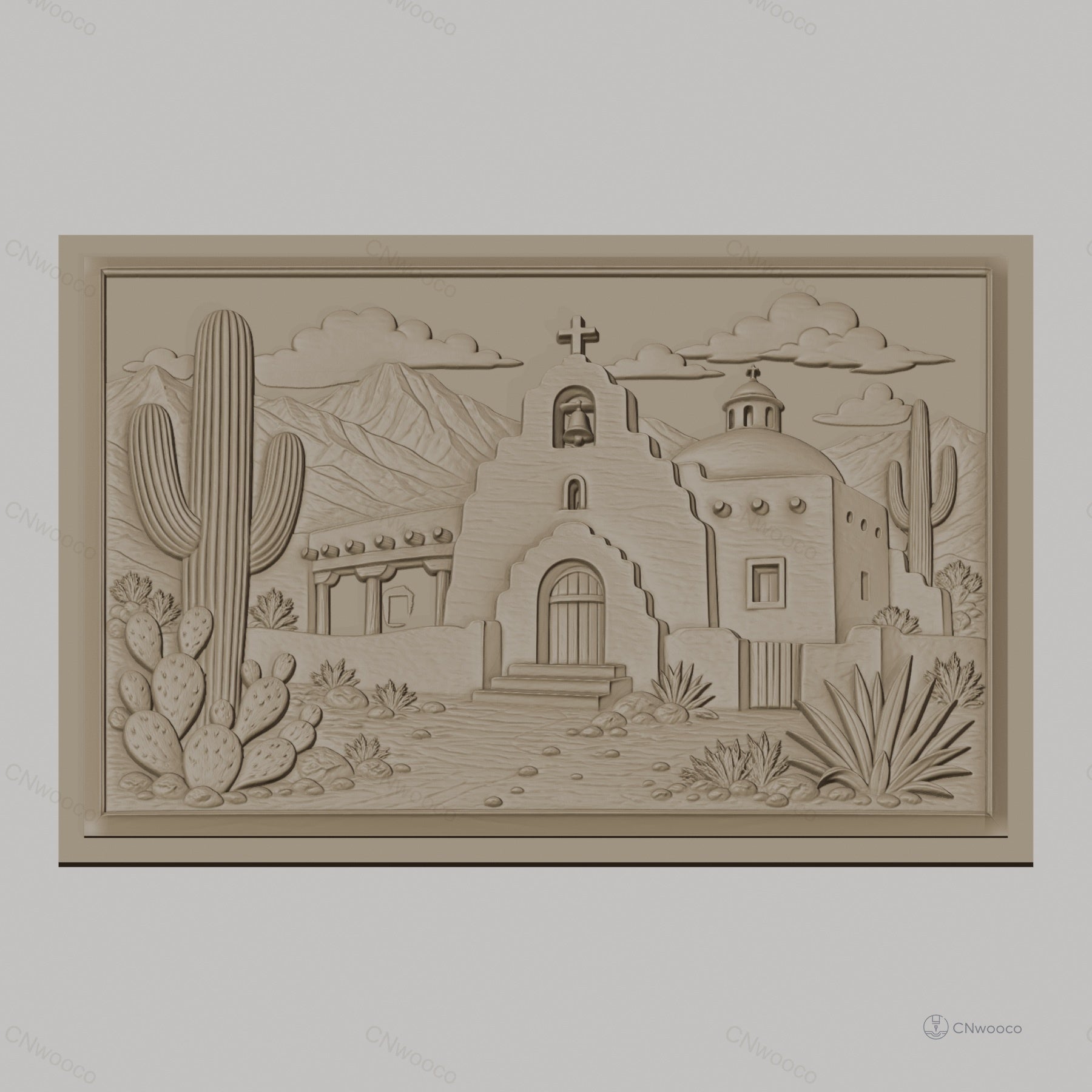 Fichier CNC & impression 3D relief de mission espagnole, cactus et montagne, haute qualité relief STL