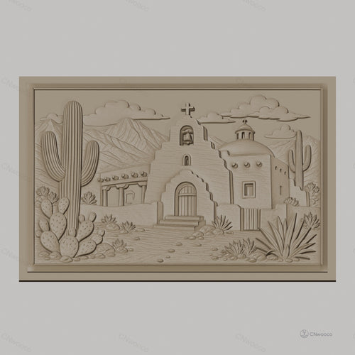 Fichier CNC & impression 3D relief de mission espagnole, cactus et montagne, haute qualité relief STL
