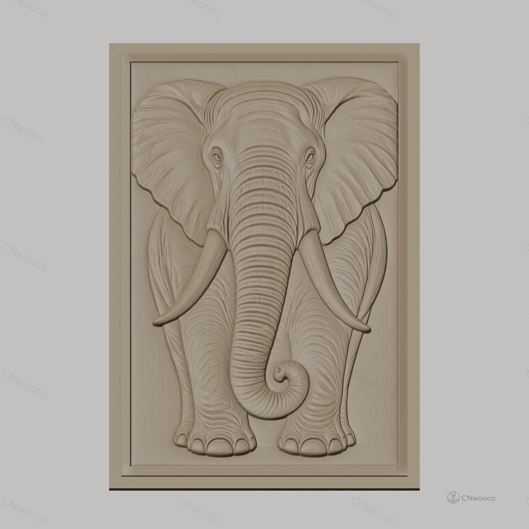 Fichier CNC & impression 3D éléphant frontal, relief avec trompe et défenses, haute qualité relief STL