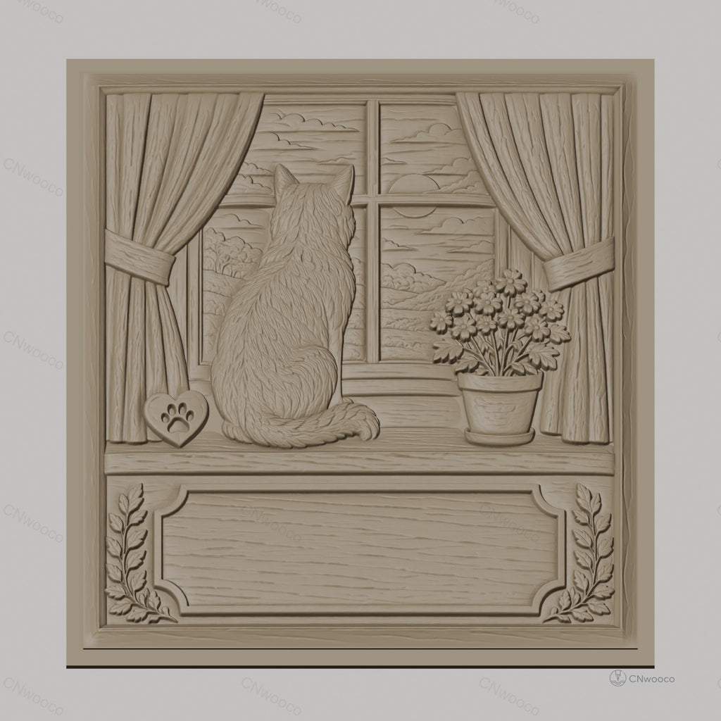 Fichier CNC & impression 3D chat sur rebord de fenêtre, fleurs en pot, paysage montagneux, haute qualité relief STL