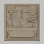 Fichier CNC & impression 3D chat sur rebord de fenêtre, fleurs en pot, paysage montagneux, haute qualité relief STL