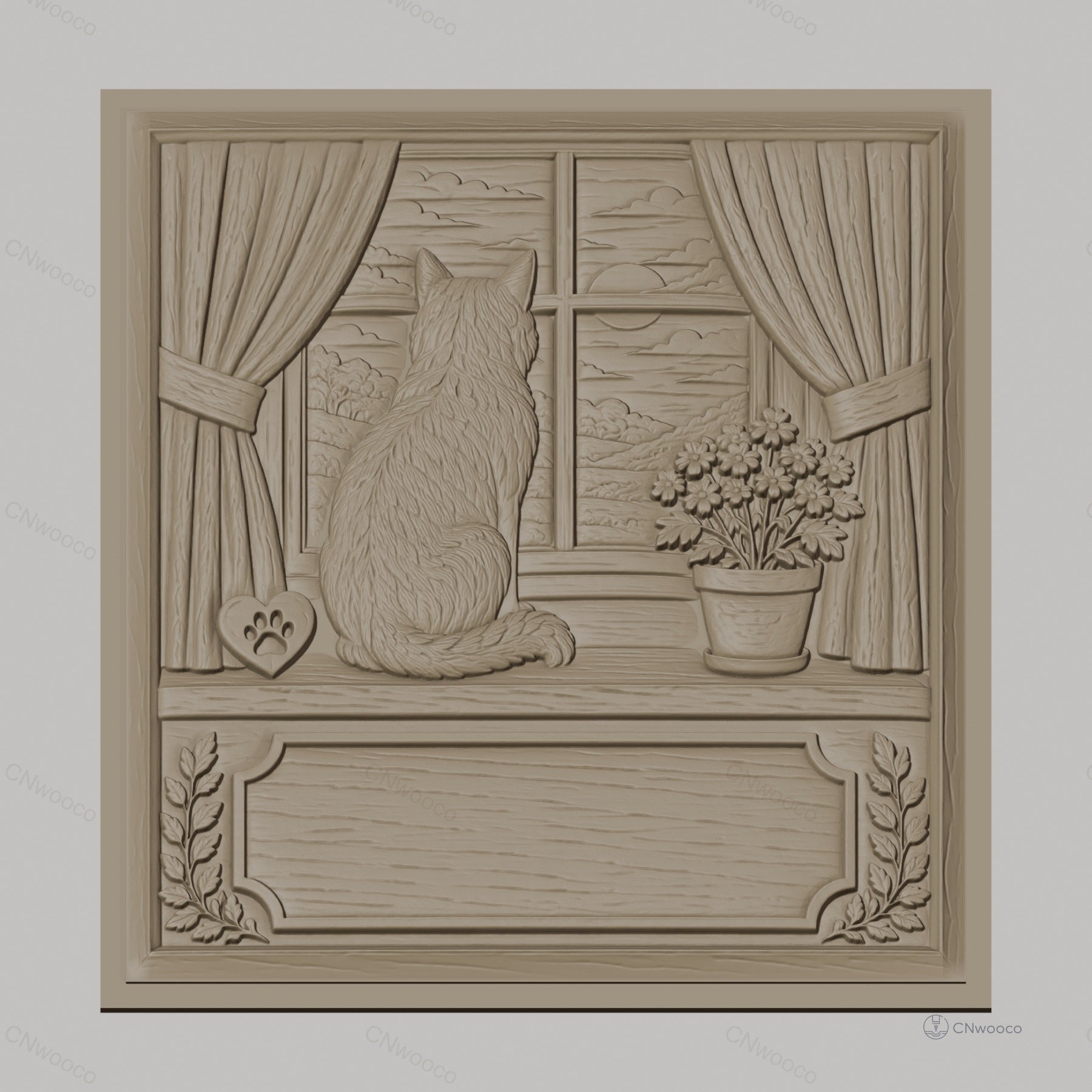 Fichier CNC & impression 3D chat sur rebord de fenêtre, fleurs en pot, paysage montagneux, haute qualité relief STL