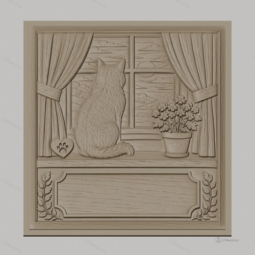 Fichier CNC & impression 3D chat sur rebord de fenêtre, fleurs en pot, paysage montagneux, haute qualité relief STL
