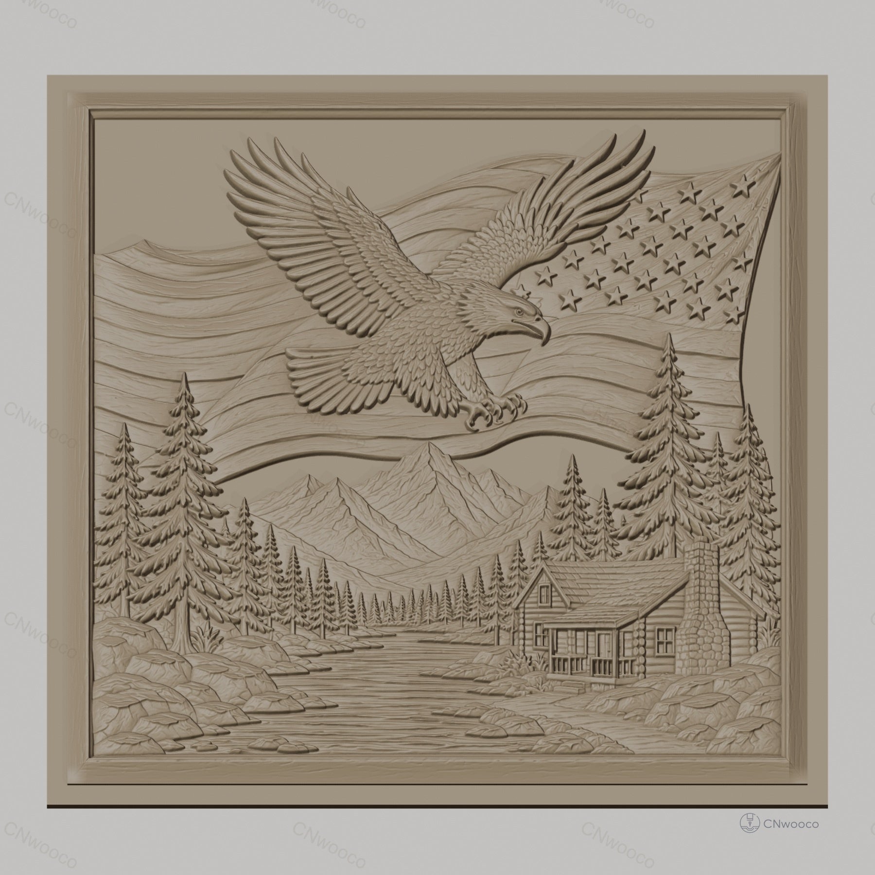 Fichier CNC & impression 3D nature américaine, aigle américain, drapeau USA, paysage montagne, chalet, haute qualité relief STL