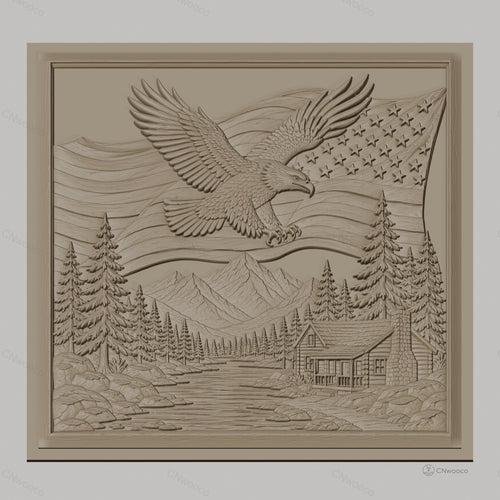 Fichier CNC & impression 3D nature américaine, aigle américain, drapeau USA, paysage montagne, chalet, haute qualité relief STL