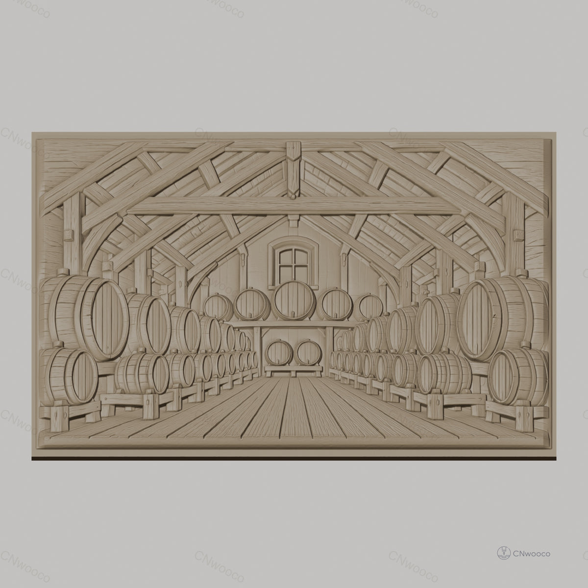 Fichier CNC & impression 3D cave à vin avec tonneaux en bois, ambiance rustique, haute qualité relief STL