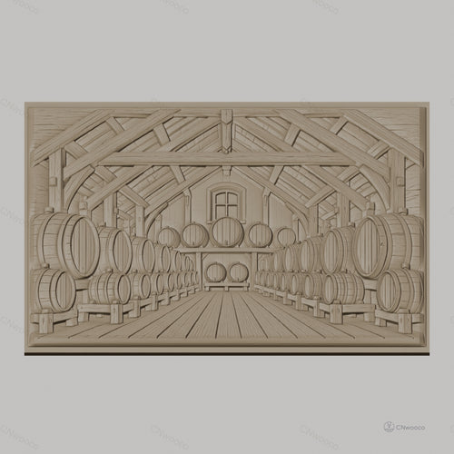 Fichier CNC & impression 3D cave à vin avec tonneaux en bois, ambiance rustique, haute qualité relief STL