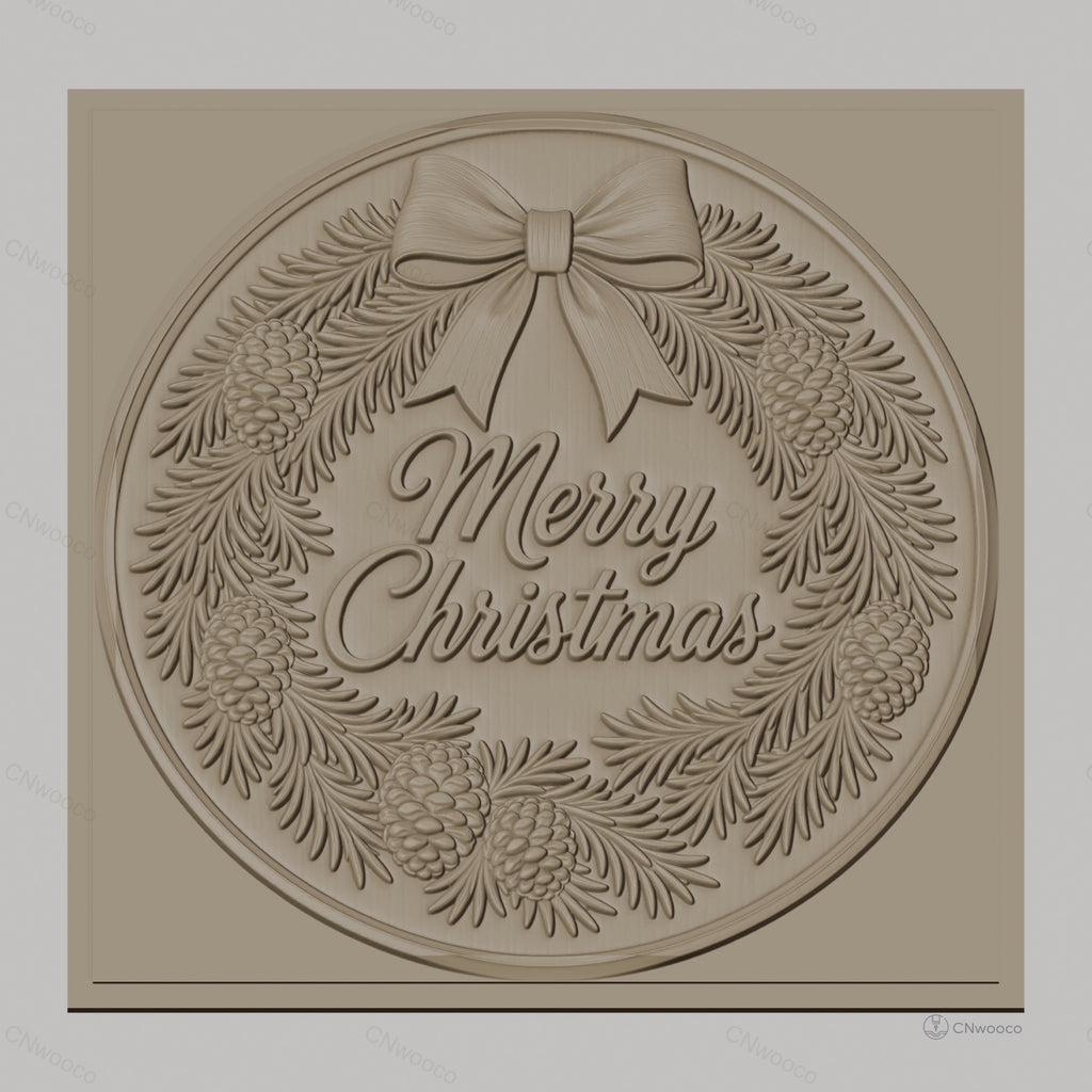 Fichier CNC & impression 3D couronne de Noël, pommes de pin et ruban, haute qualité relief STL
