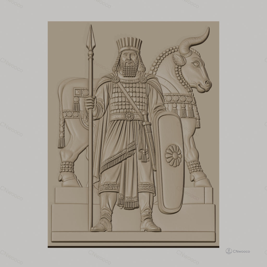 Fichier CNC & impression 3D roi antique avec bouclier et taureau décoratif, haute qualité relief STL
