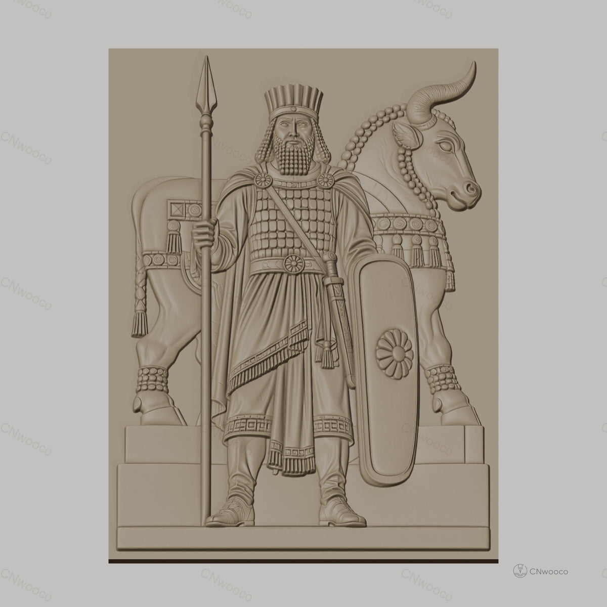 Fichier CNC & impression 3D roi antique avec bouclier et taureau décoratif, haute qualité relief STL
