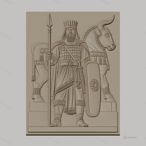Fichier CNC & impression 3D roi antique avec bouclier et taureau décoratif, haute qualité relief STL