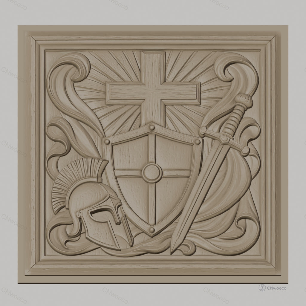 Fichier CNC & impression 3D bouclier croix et épée, casque médiéval, haute qualité relief STL