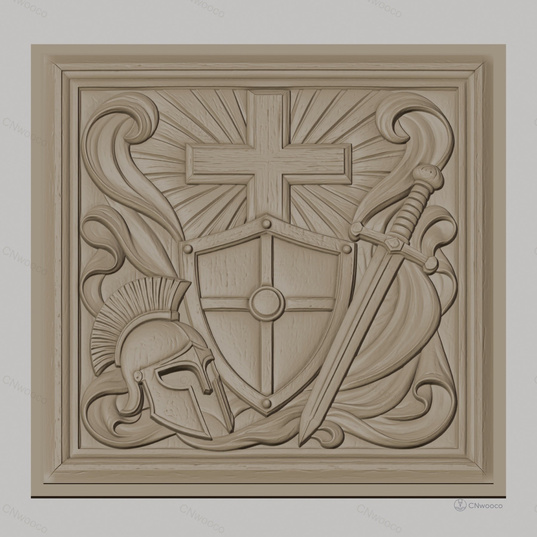 Fichier CNC & impression 3D bouclier croix et épée, casque médiéval, haute qualité relief STL