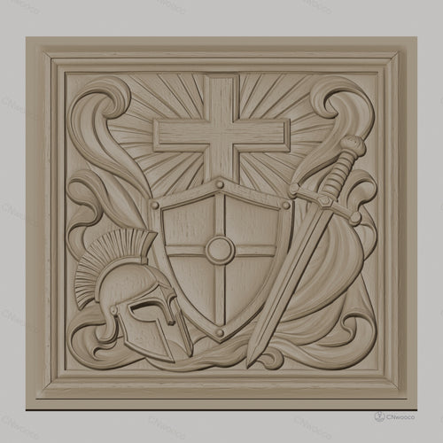 Fichier CNC & impression 3D bouclier croix et épée, casque médiéval, haute qualité relief STL