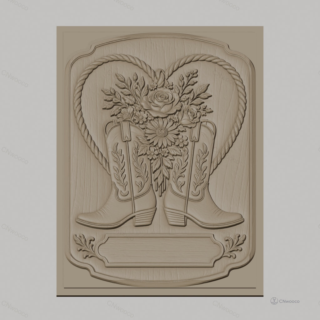 Fichier CNC & impression 3D thème western, bottes de cowboy et bouquet de fleurs, haute qualité relief STL