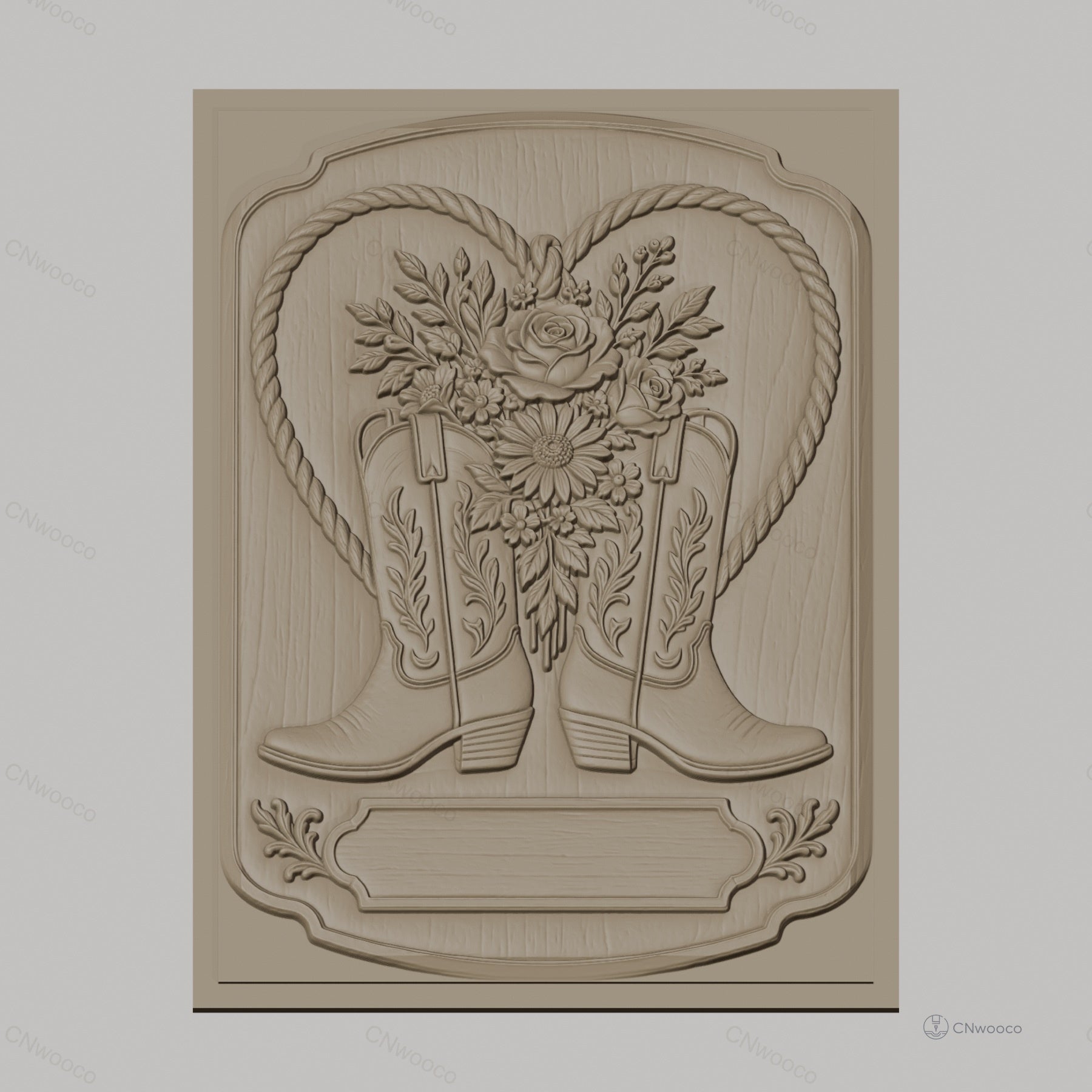 Fichier CNC & impression 3D thème western, bottes de cowboy et bouquet de fleurs, haute qualité relief STL