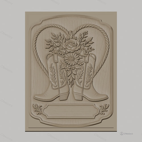 Fichier CNC & impression 3D thème western, bottes de cowboy et bouquet de fleurs, haute qualité relief STL