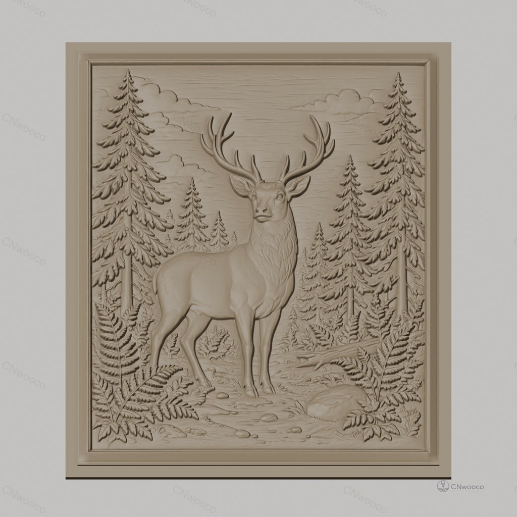 Fichier CNC & impression 3D cerf dans forêt avec fougères et rochers, haute qualité relief STL