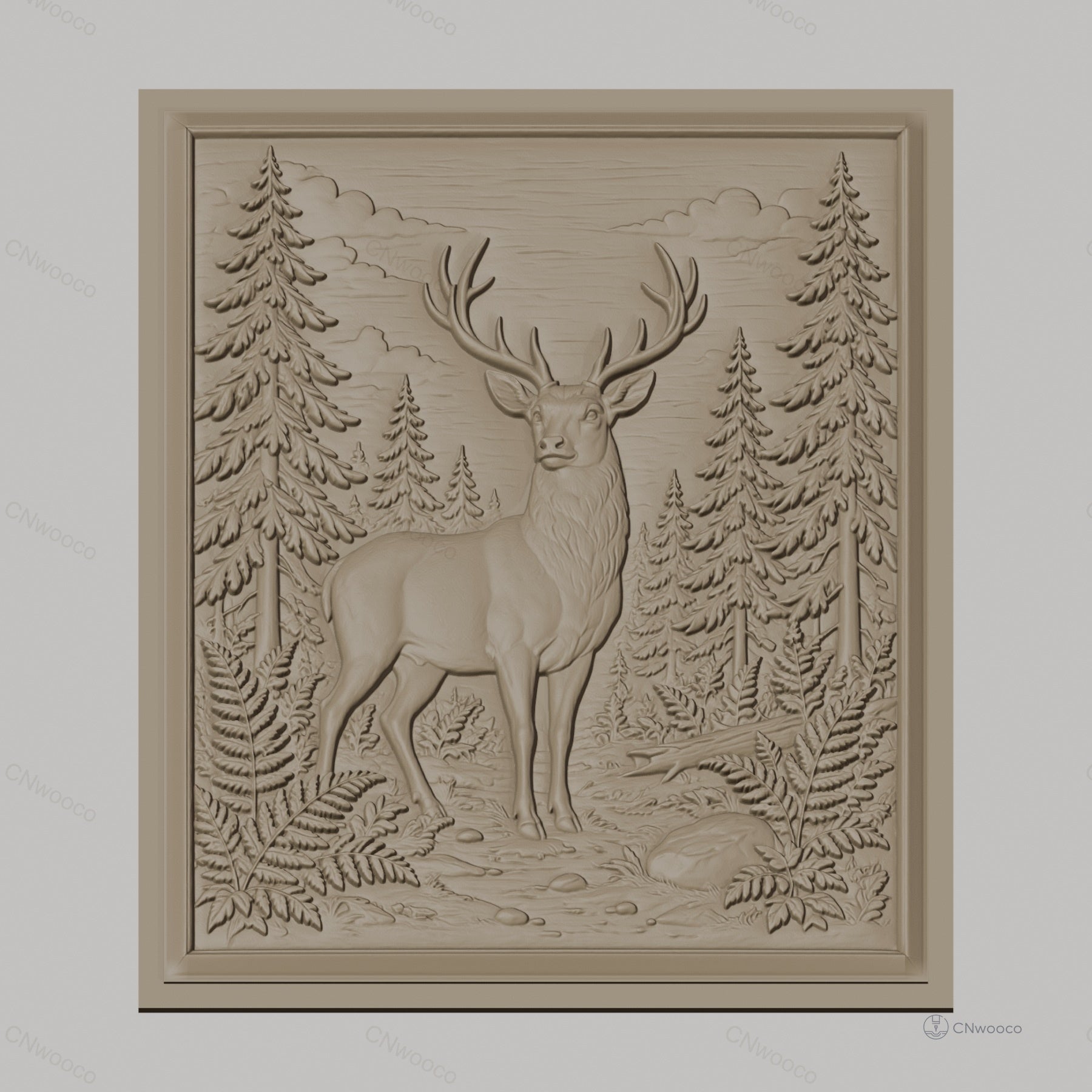 Fichier CNC & impression 3D cerf dans forêt avec fougères et rochers, haute qualité relief STL
