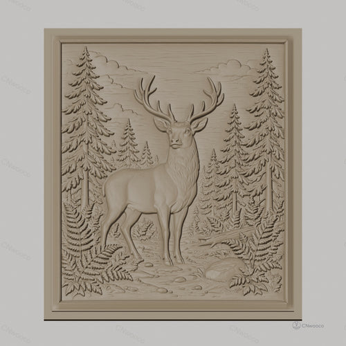 Fichier CNC & impression 3D cerf dans forêt avec fougères et rochers, haute qualité relief STL
