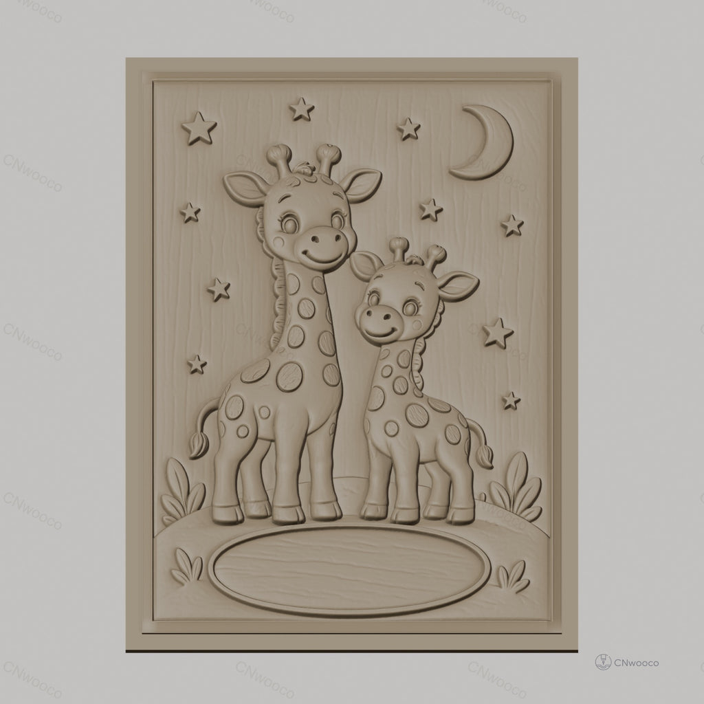 Fichier CNC & impression 3D girafes bébé et mère, étoiles et lune, haute qualité relief STL