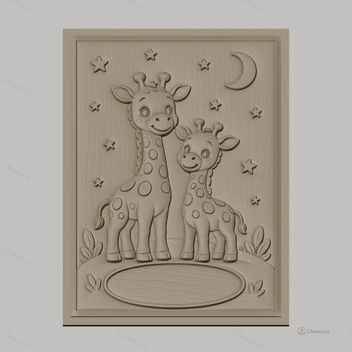 Fichier CNC & impression 3D girafes bébé et mère, étoiles et lune, haute qualité relief STL