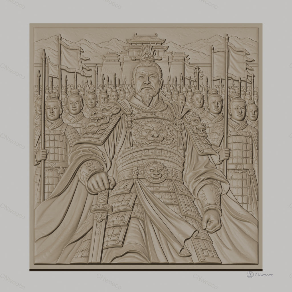 Fichier CNC & impression 3D Empereur chinois avec armée en armure et drapeaux, haute qualité relief STL