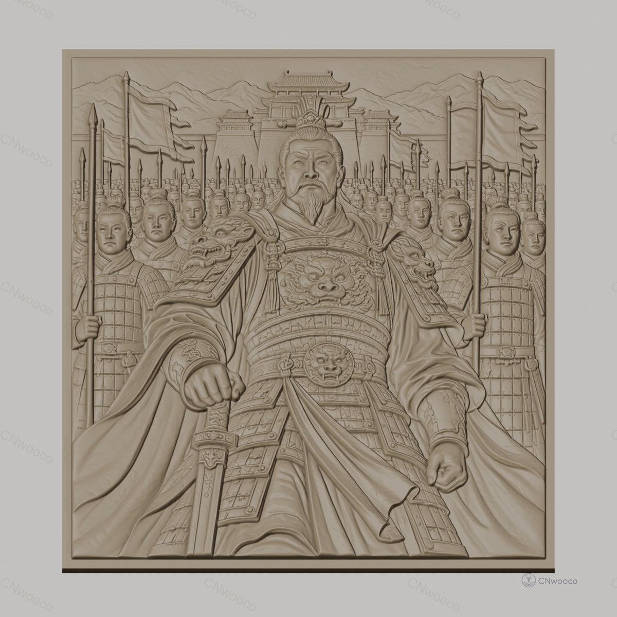 Fichier CNC & impression 3D Empereur chinois avec armée en armure et drapeaux, haute qualité relief STL
