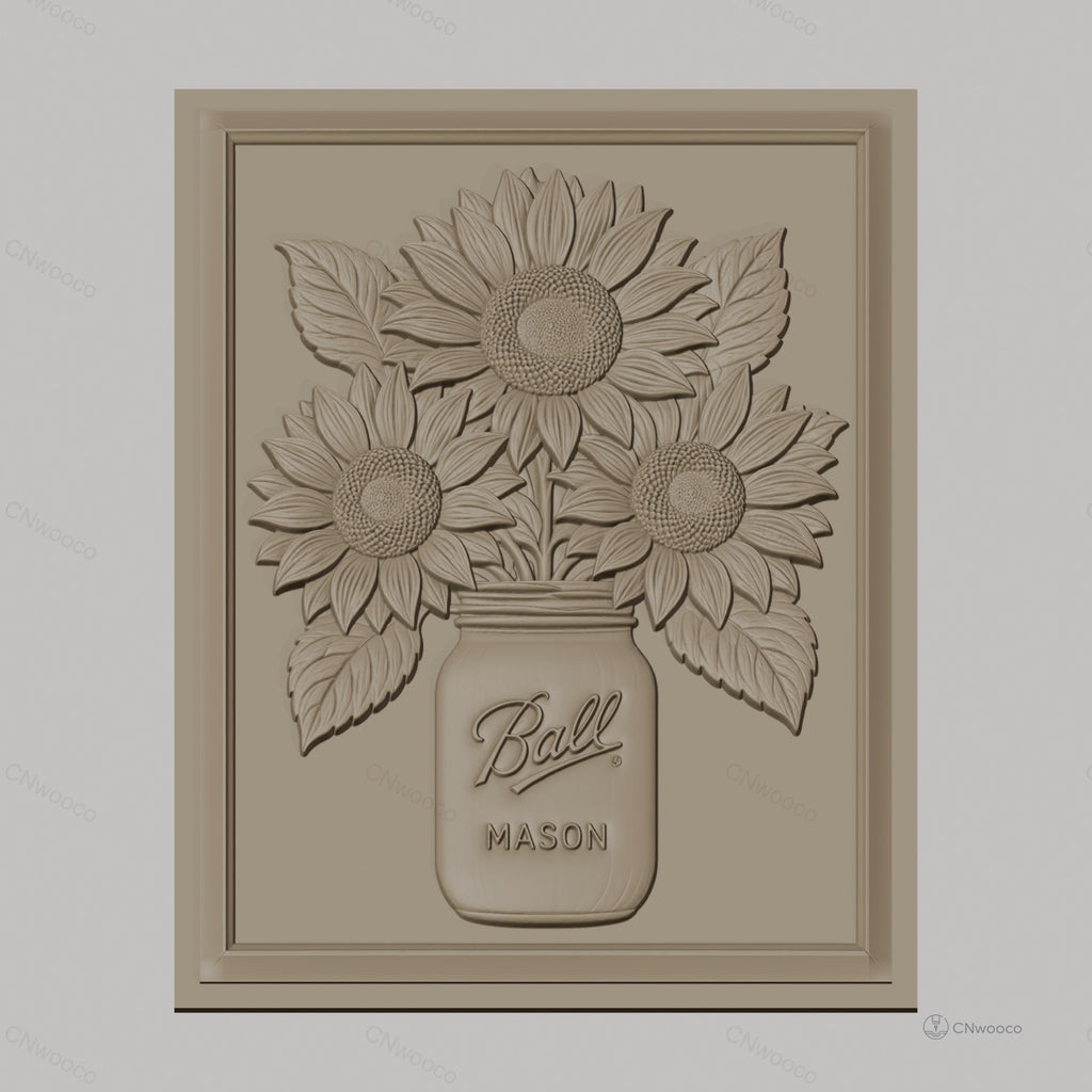 Fichier CNC & impression 3D bouquet de tournesols dans bocal Mason, relief floral haute qualité relief STL