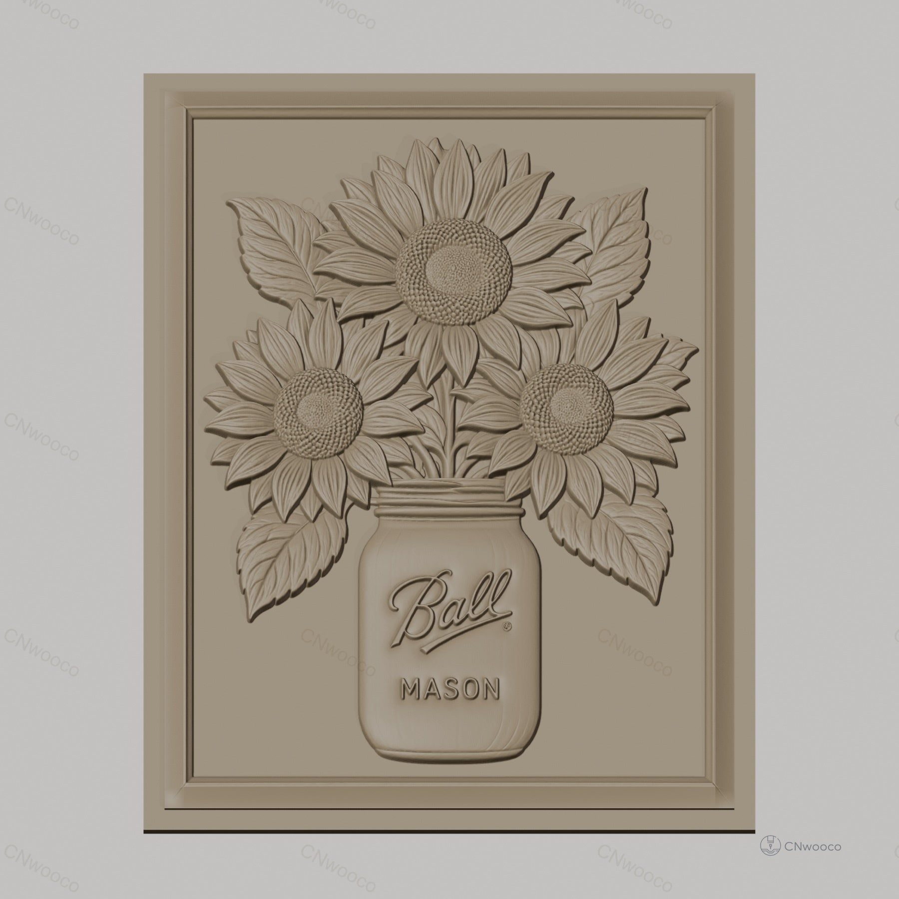 Fichier CNC & impression 3D bouquet de tournesols dans bocal Mason, relief floral haute qualité relief STL