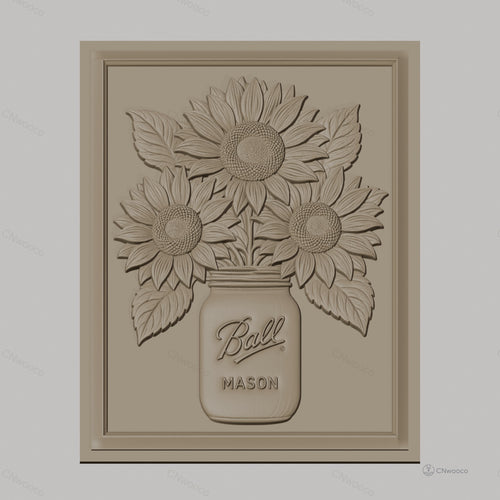 Fichier CNC & impression 3D bouquet de tournesols dans bocal Mason, relief floral haute qualité relief STL