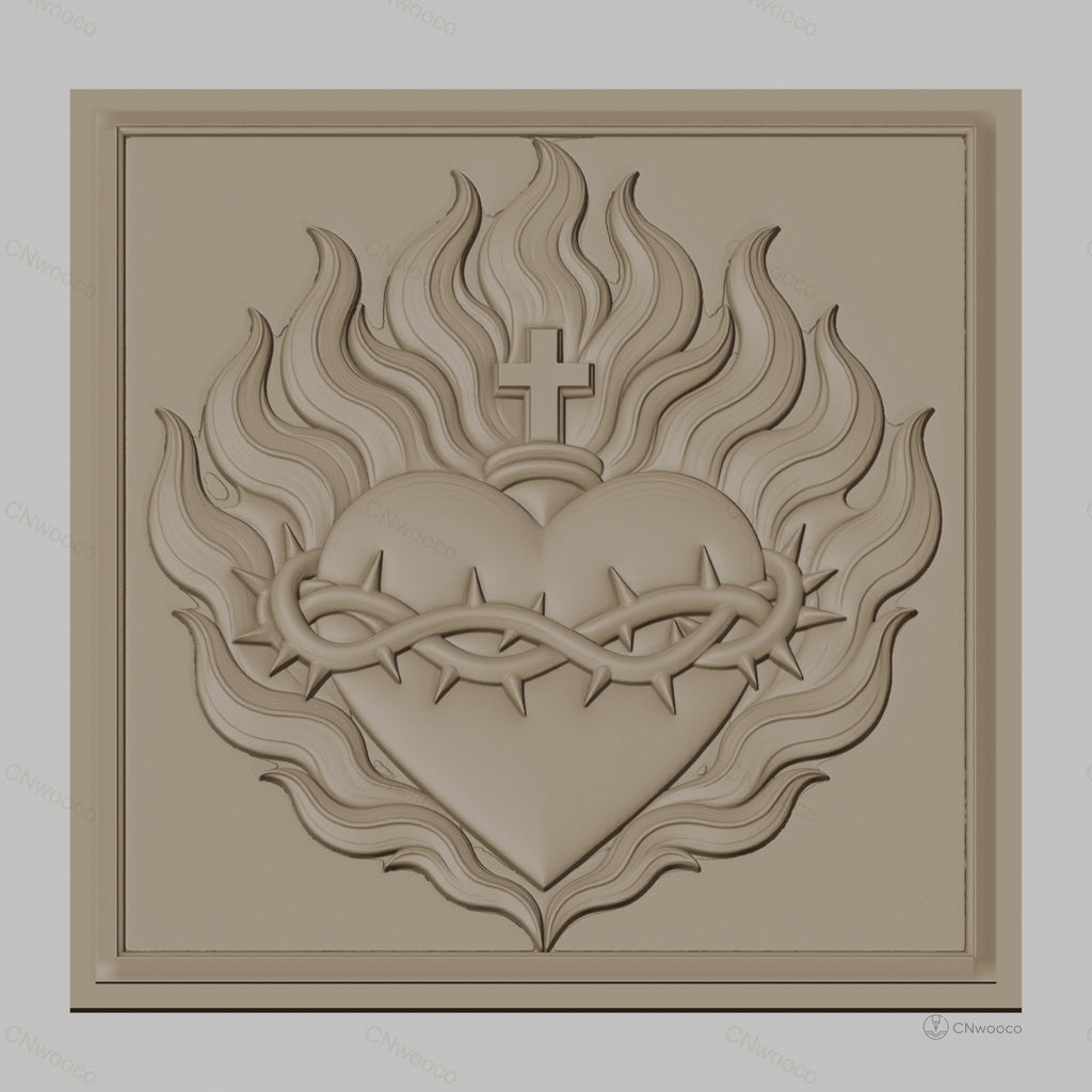 Fichier CNC & impression 3D Sacré Cœur, cœur enflammé avec couronne d'épines et croix, haute qualité relief STL
