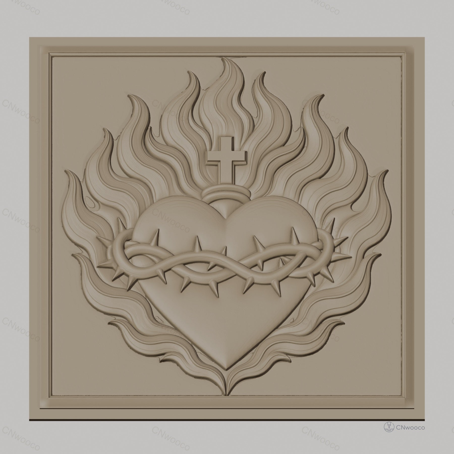 Fichier CNC & impression 3D Sacré Cœur, cœur enflammé avec couronne d'épines et croix, haute qualité relief STL