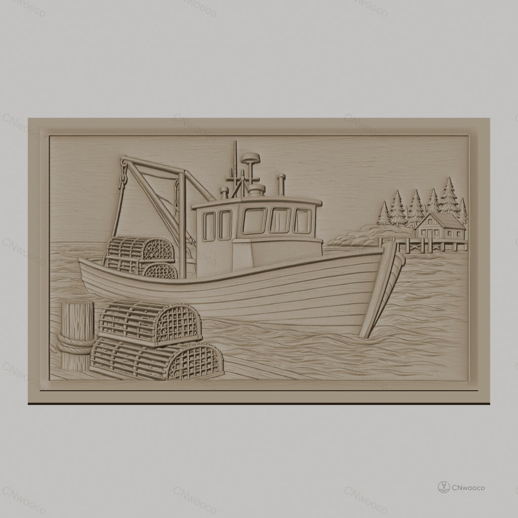 Fichier CNC & impression 3D bateau de pêche, casiers à homard, maison de bord de mer, haute qualité relief STL