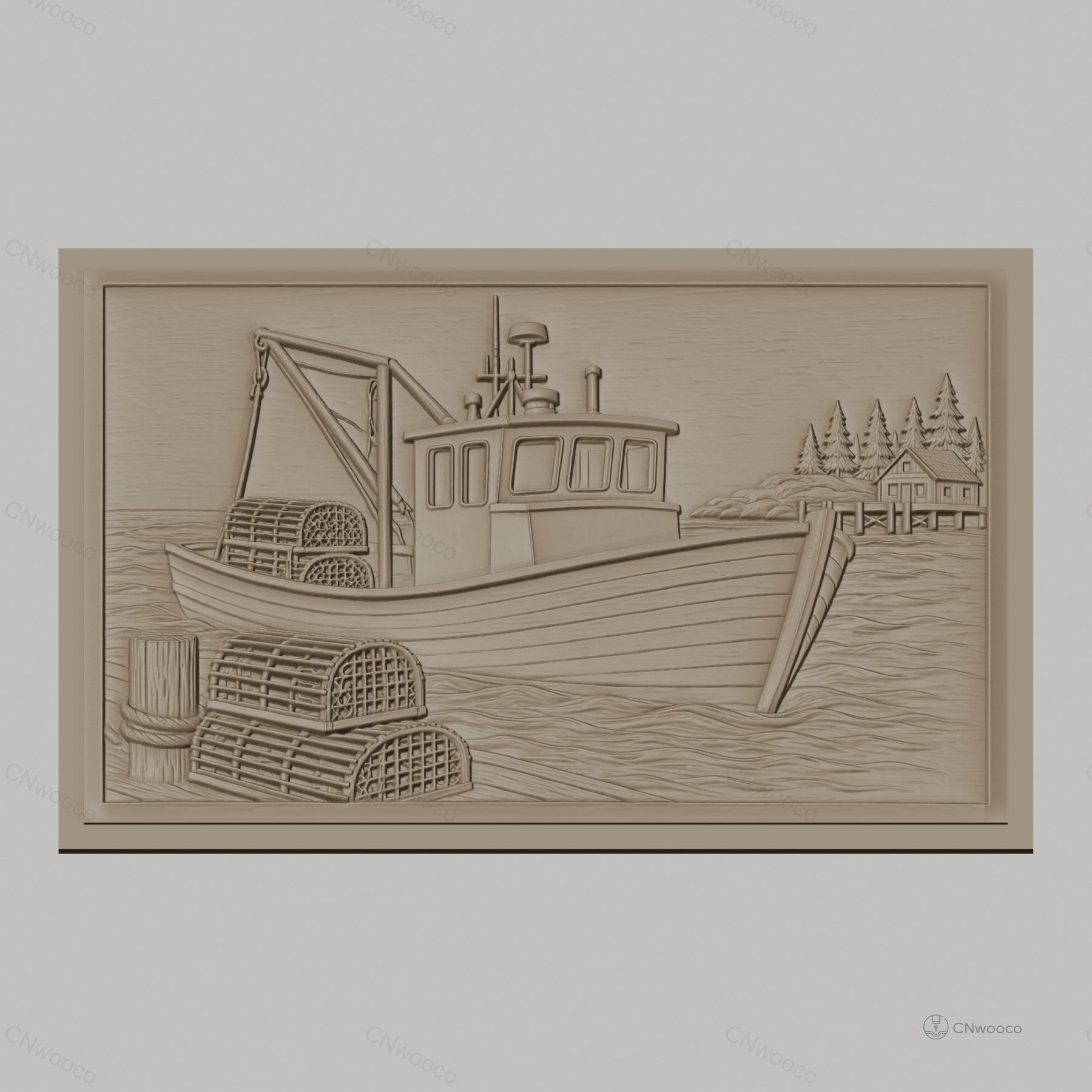 Fichier CNC & impression 3D bateau de pêche, casiers à homard, maison de bord de mer, haute qualité relief STL