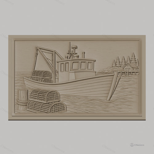 Fichier CNC & impression 3D bateau de pêche, casiers à homard, maison de bord de mer, haute qualité relief STL