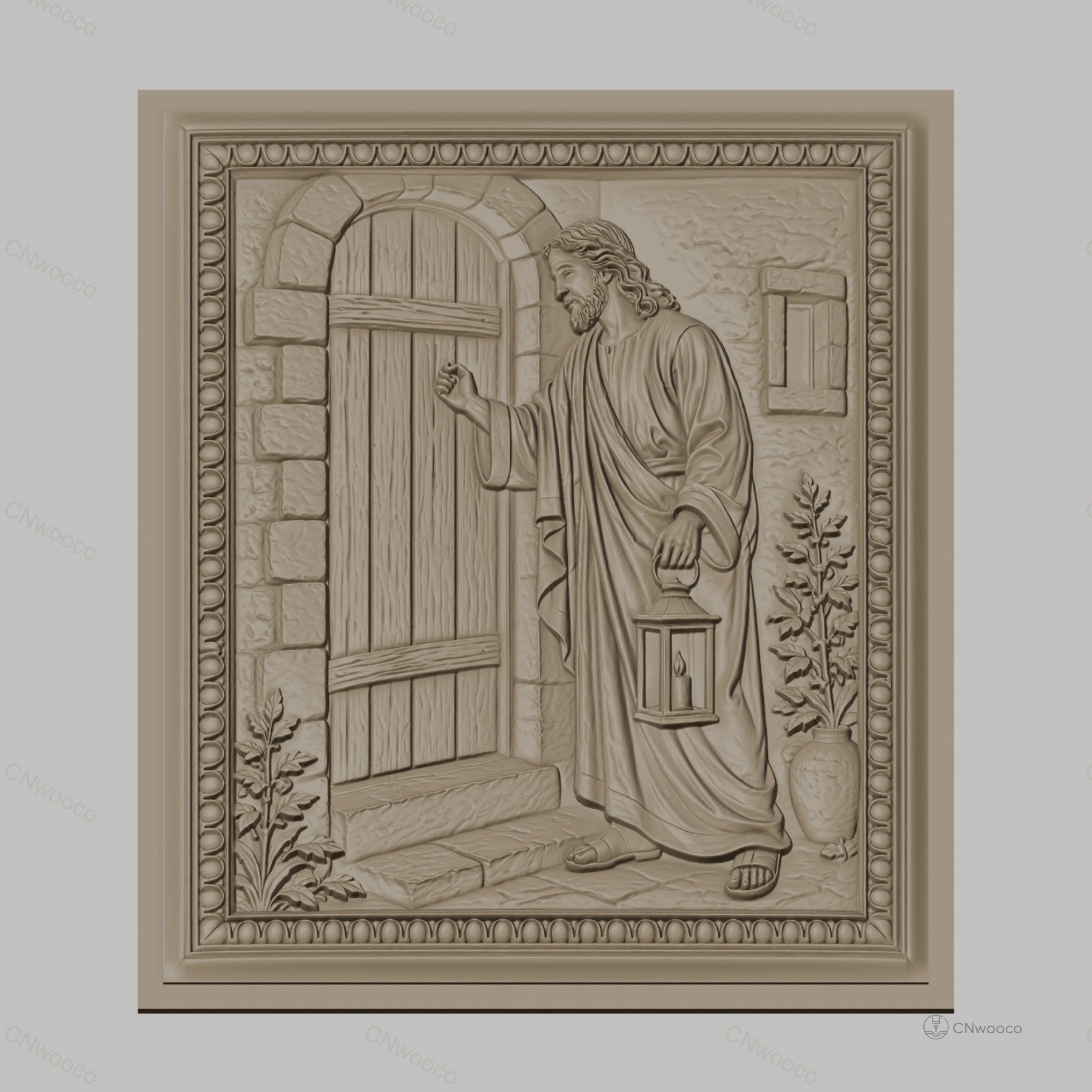 Fichier CNC & impression 3D Jésus frappant à la porte, scène biblique avec lanterne, haute qualité relief STL