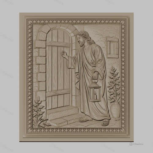 Fichier CNC & impression 3D Jésus frappant à la porte, scène biblique avec lanterne, haute qualité relief STL