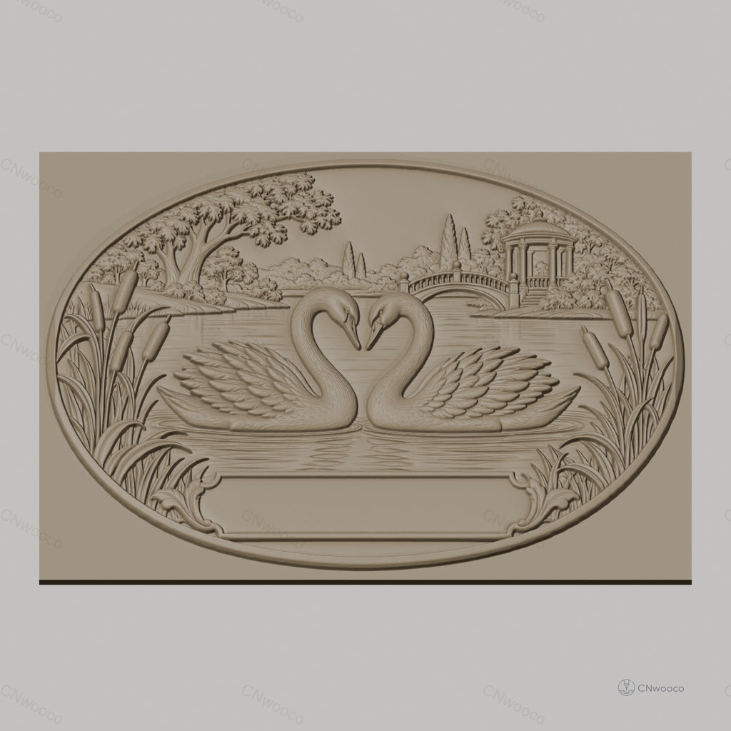 Fichier CNC & impression 3D cygnes sur lac, pont et pavillon, haute qualité relief STL