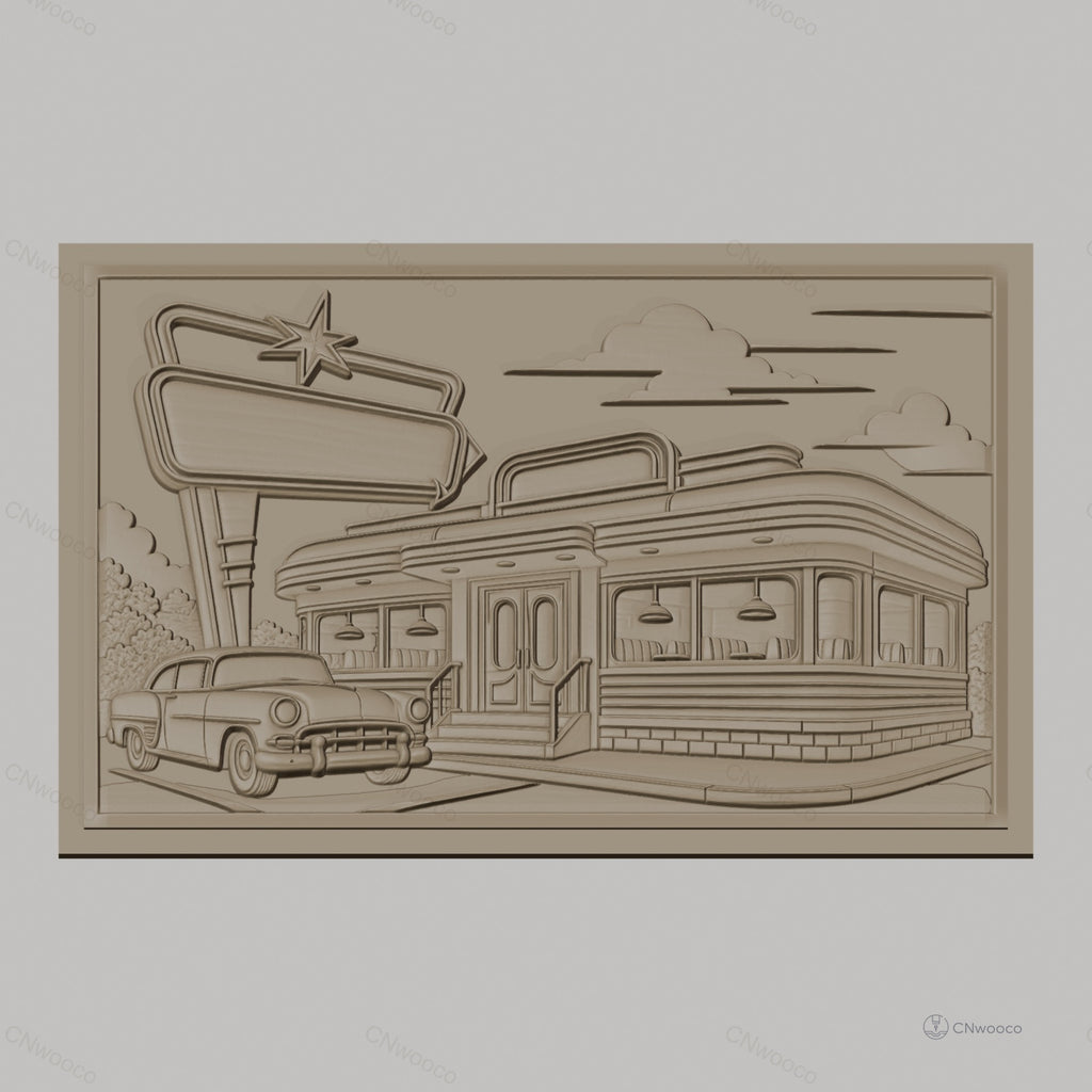 Fichier CNC & impression 3D Diner américain rétro, voiture vintage et enseigne, haute qualité relief STL