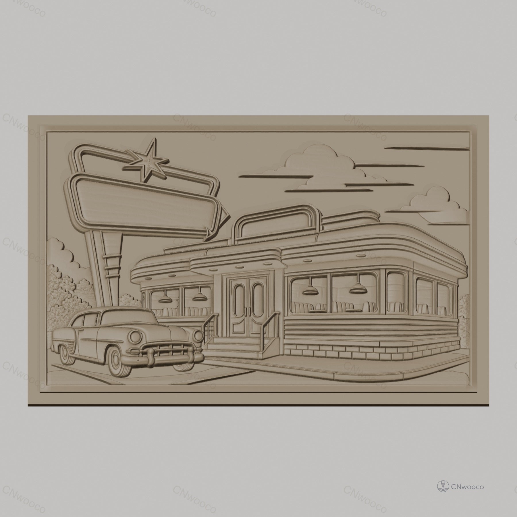 Fichier CNC & impression 3D Diner américain rétro, voiture vintage et enseigne, haute qualité relief STL