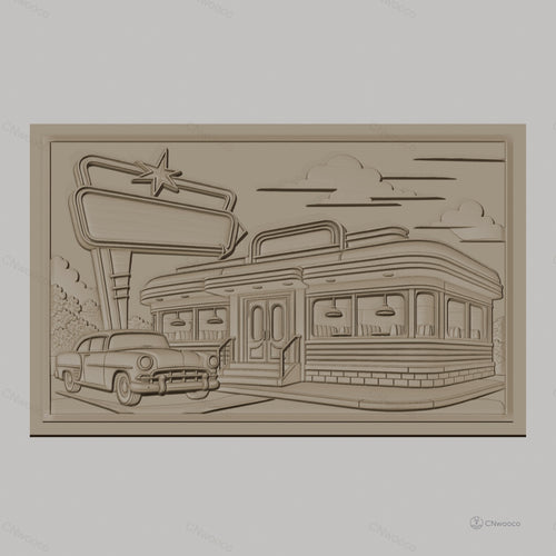 Fichier CNC & impression 3D Diner américain rétro, voiture vintage et enseigne, haute qualité relief STL